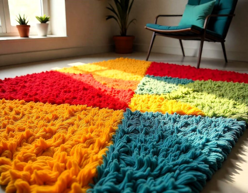 Alfombra de tufting con pelo largo en tonos vibrantes como rojo, amarillo, verde y naranja