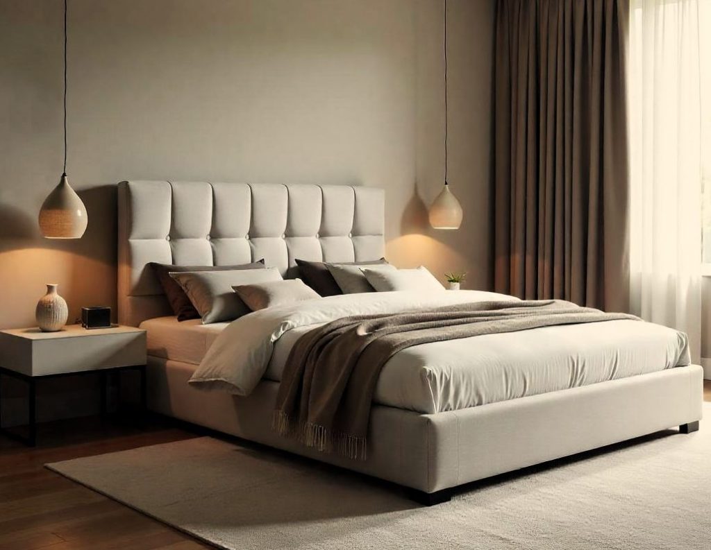 Cabecero de cama tapizado en capitoné en un dormitorio moderno y minimalista.