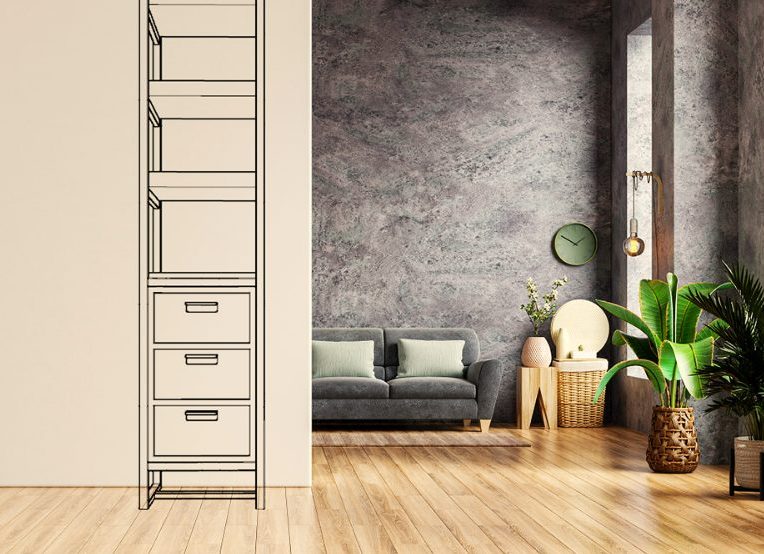 Croquis de diseño de una estantería personalizada junto a su versión final en un entorno de interiorismo moderno.