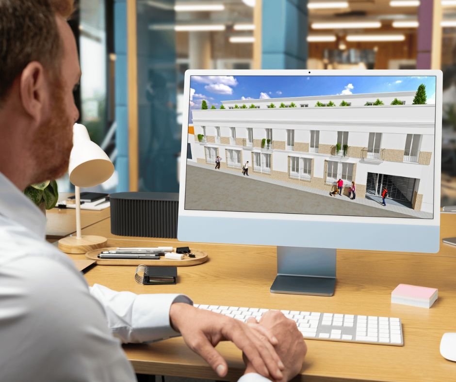 Infografista desarrolló un modelo 3D de la fachada del Residencial en su computadora Infografía J Capmany Profesional 3D