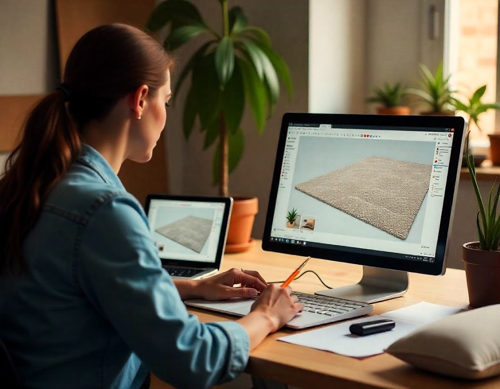 Diseñadora trabajando en su computadora con software de diseño para crear una alfombra tufting.