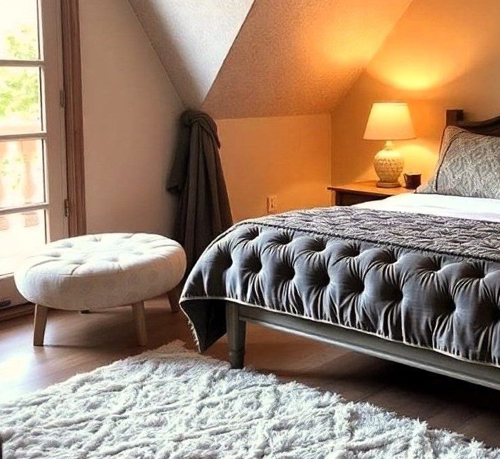 Dormitorio acogedor con colcha y puff capitoné, complementado por una alfombra de pelo largo