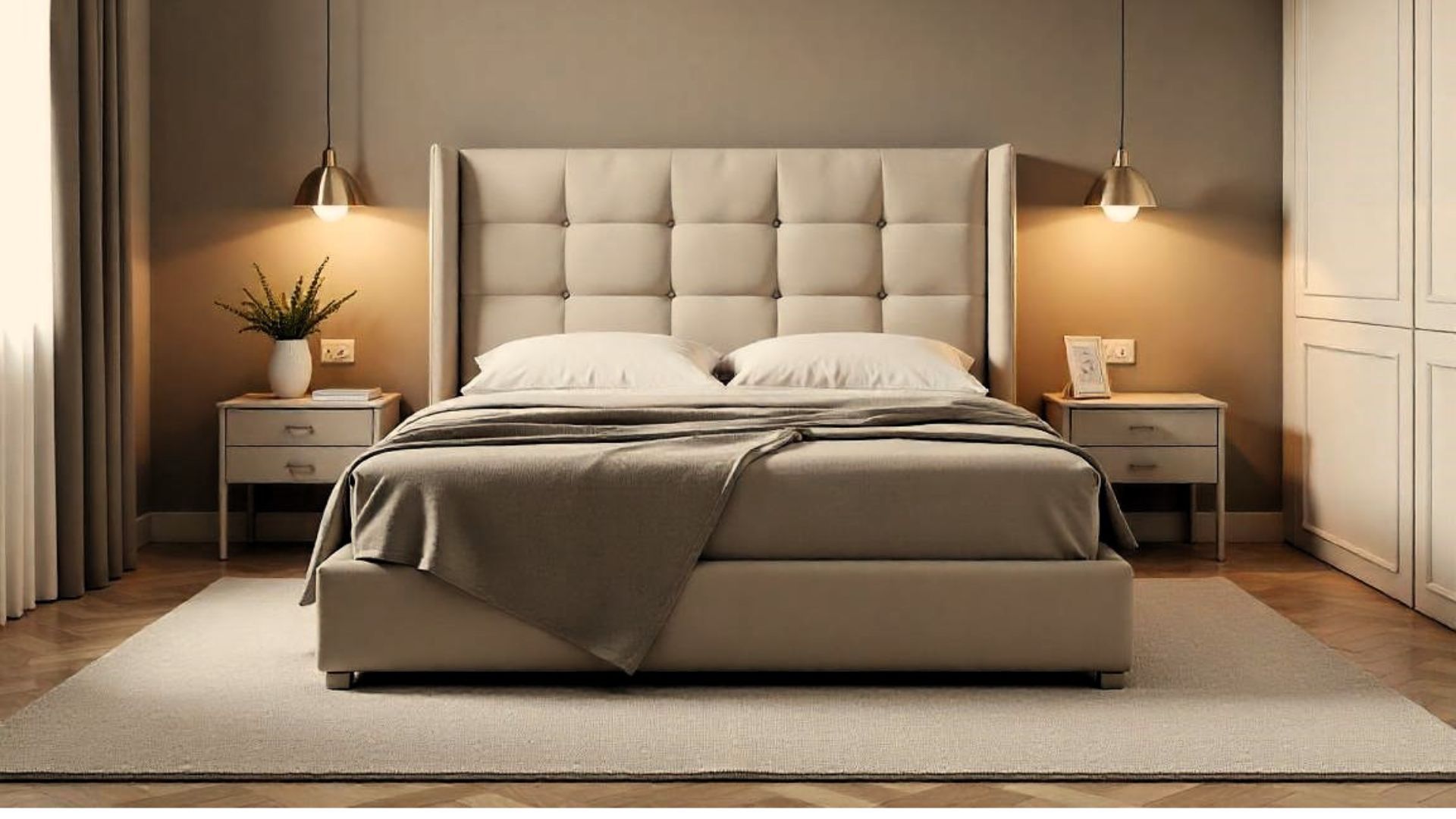 Dormitorio decorado contemporáneo en tonos neutros con cama de cabecero capitoné