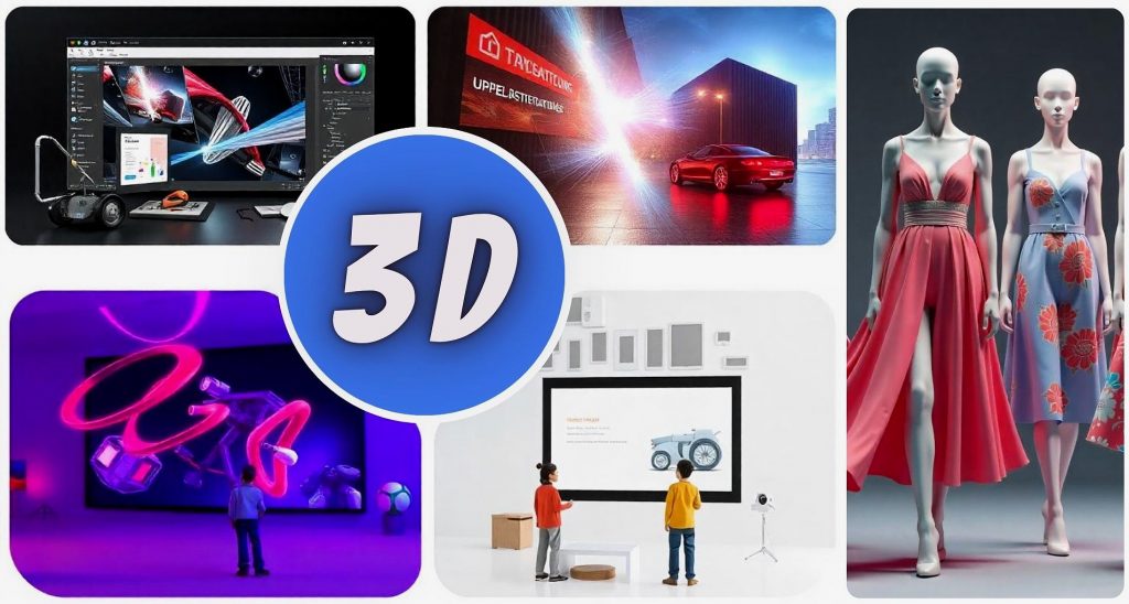 Collage que muestra el impacto del diseño 3D en la moda, el cine, la publicidad y la educación, con modelos y efectos visuales