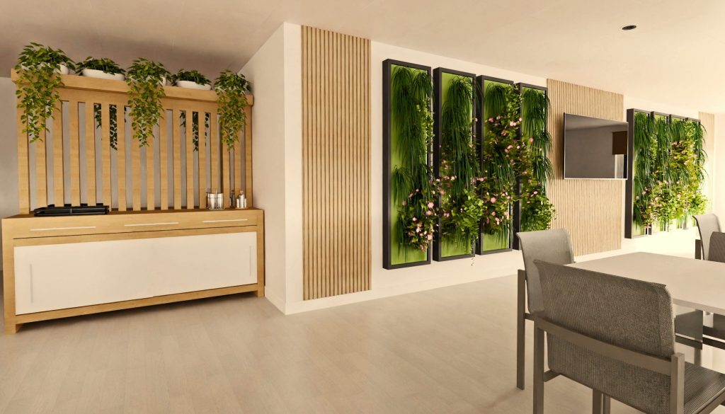 Infografía 3D que representa un salón de restaurante con jardines verticales de plantas artificiales, mostrando cómo incorporar elementos decorativos sostenibles en espacios de hostelería.
