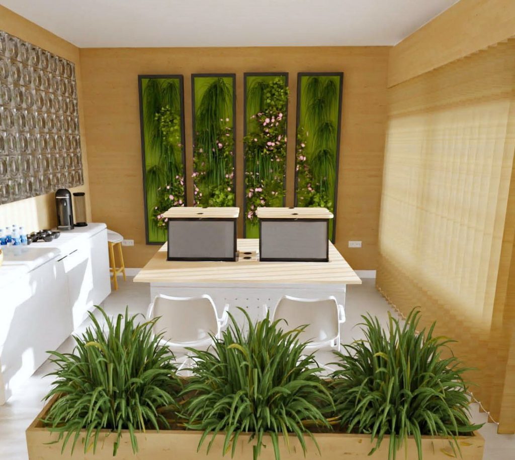 Infografía 3D de oficina con un jardín vertical de plantas artificiales artesanales y macetas naturales