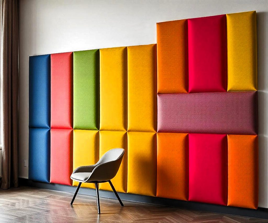 Pared vibrante con paneles de estilo tufting en colores brillantes