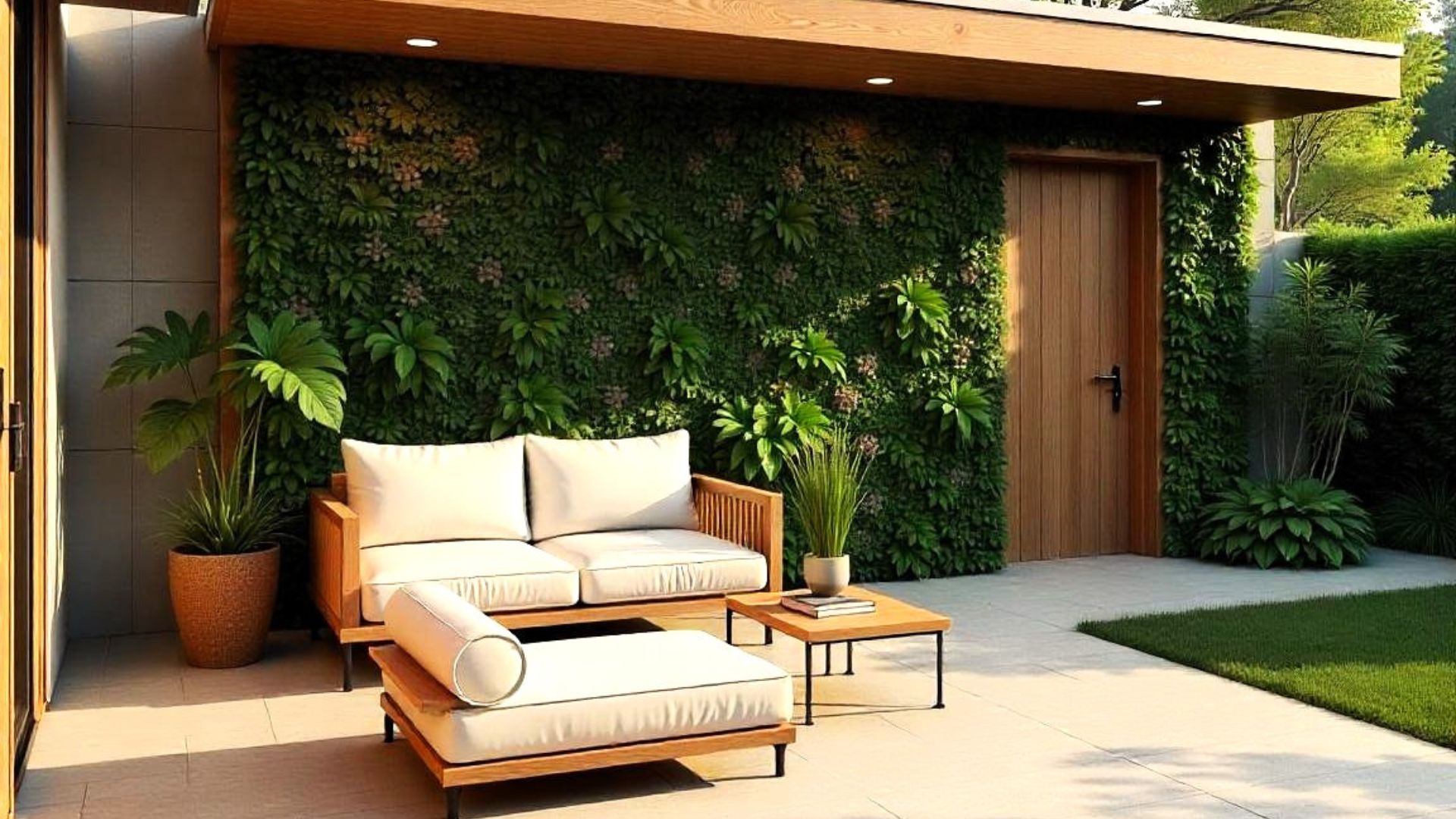 Imagen de una sala de estar con un jardín vertical sobre una pared de madera