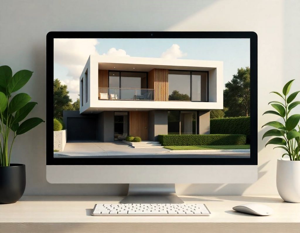 Monitor de computadora mostrando un render 3D de una vivienda ultramoderna de dos plantas con fachada en tonos blancos y grises, destacando materiales sostenibles y detalles arquitectónicos innovadores