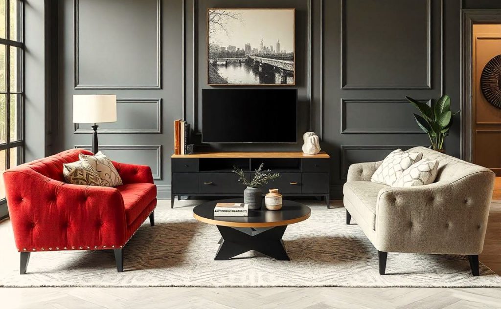 Sala de estar elegante con dos sofás de estilo clásico tapizados en capitoné rojo y blanco roto