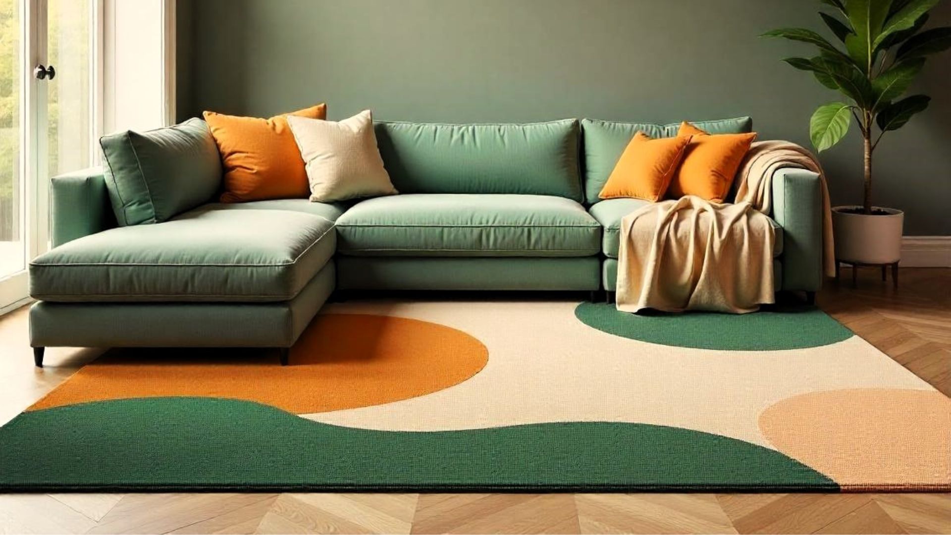 Salón moderno con alfombra de patrones geométricos en tonos neutros, verdes y terracota