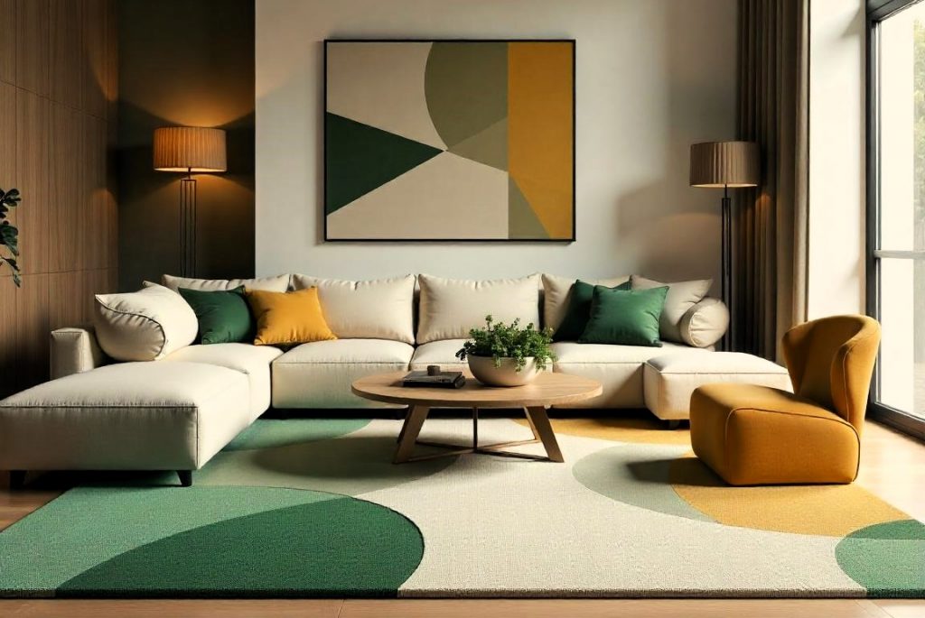 Salón moderno con alfombra y tapiz de patrones geométricos en tonos neutros, verdes y terracota