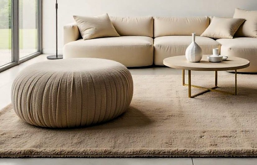 Salón elegante con decoración en tonos neutros y alfombra copetuda de pelo corto