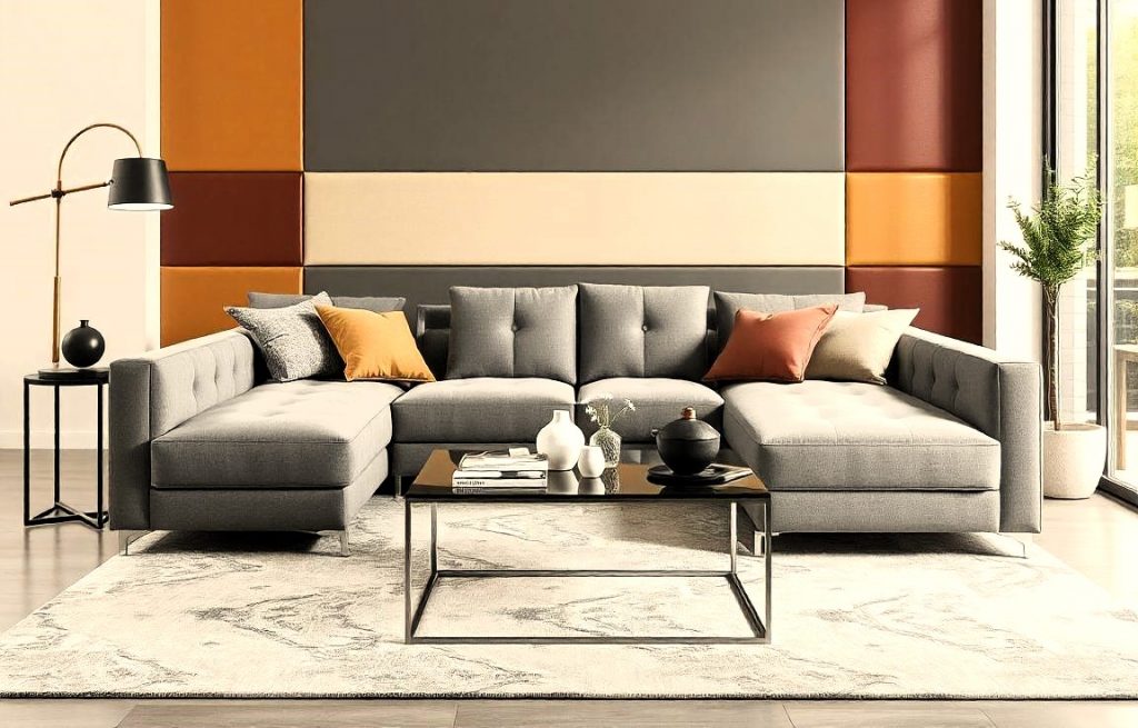Salón moderno y elegante. Con sofá en tapizado capitoné y pared tapizadas con paneles también capitoné