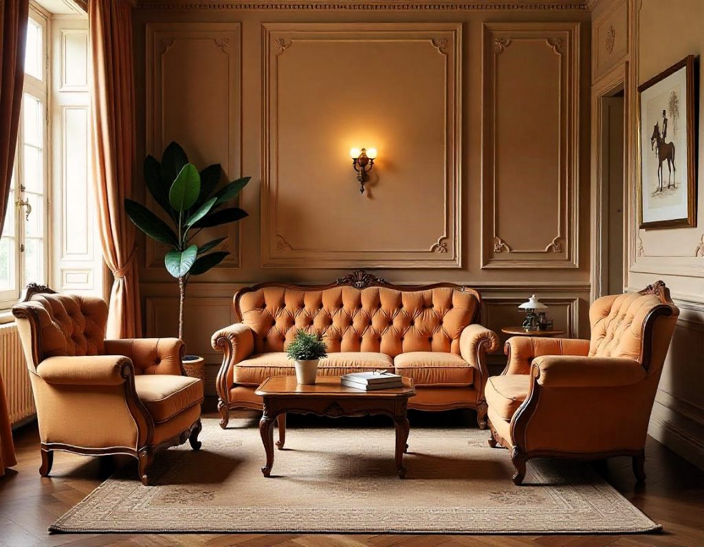 Sofá y sillones de lujo tapizados en la técnica capitoné en una sala de estar elegante.