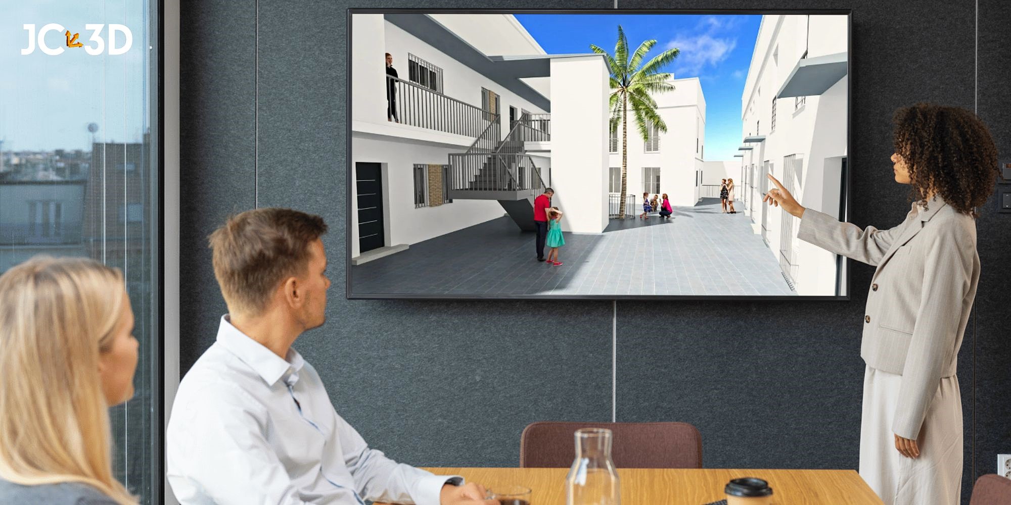 Reunión de profesionales y clientes presentando infografías del proyecto residencial en una pantalla de televisión Infografía de J Capmany Profesional 3D