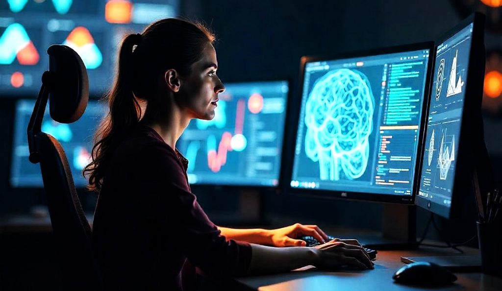 Un diseñador de interiores utilizando software de diseño 3D, con gráficos de inteligencia artificial en pantallas, simbolizando la innovación en el diseño