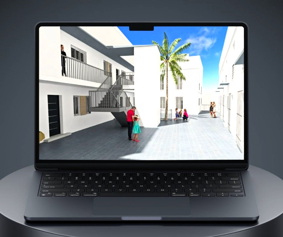 Monitor mostrando la infografía 3D del patio común del residencial, con áreas de acceso y detalles arquitectónicos Infografía de J Capmany Profesional 3D
