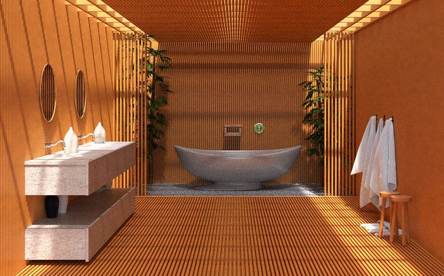 Baño de diseño Raw Luxury con acabados en madera, piedra y mármol natural