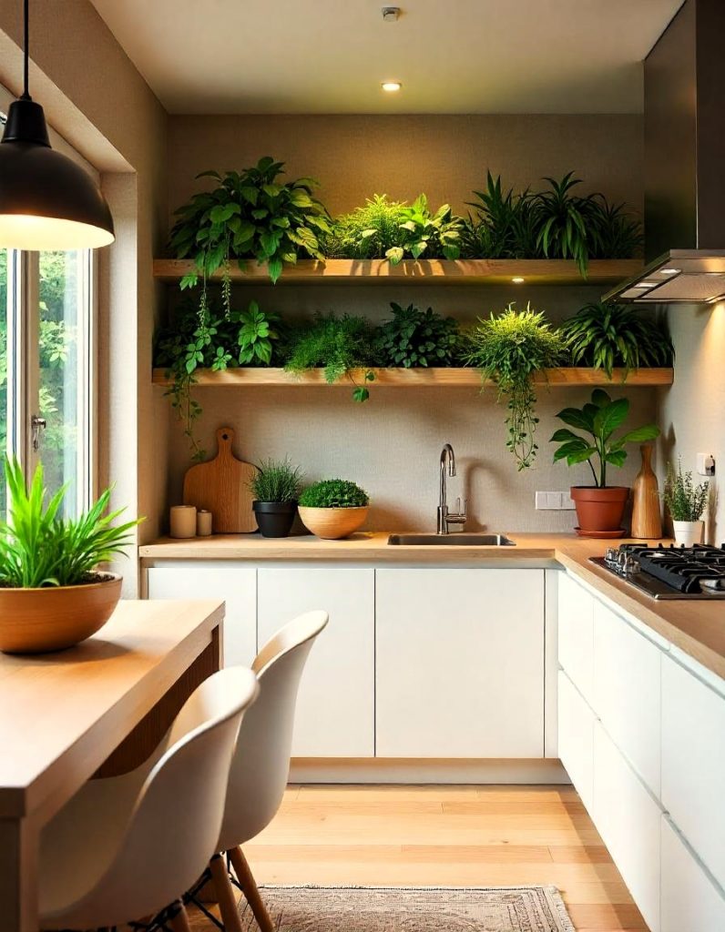 Cocina moderna con un jardín vertical de plantas aromáticas, incluyendo albahaca, romero y perejil.