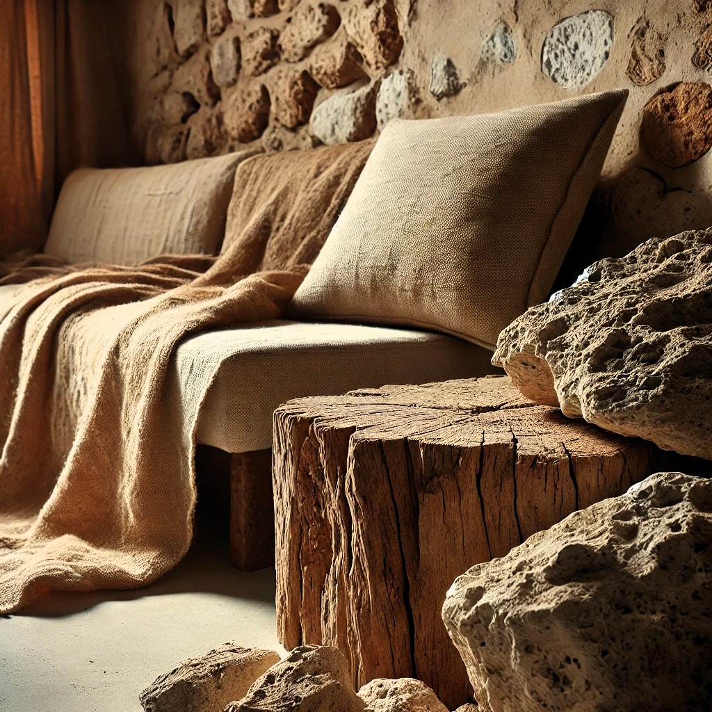 Elementos naturales como madera, piedra y textiles en un ambiente de interiorismo Raw Luxury.