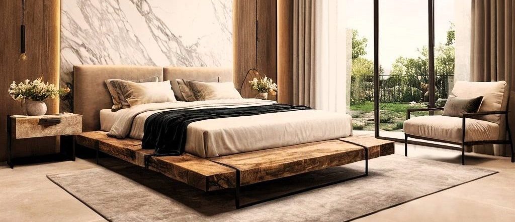 Dormitorio de matrimonio con diseño Raw Luxury, que combina elementos naturales y elegantes