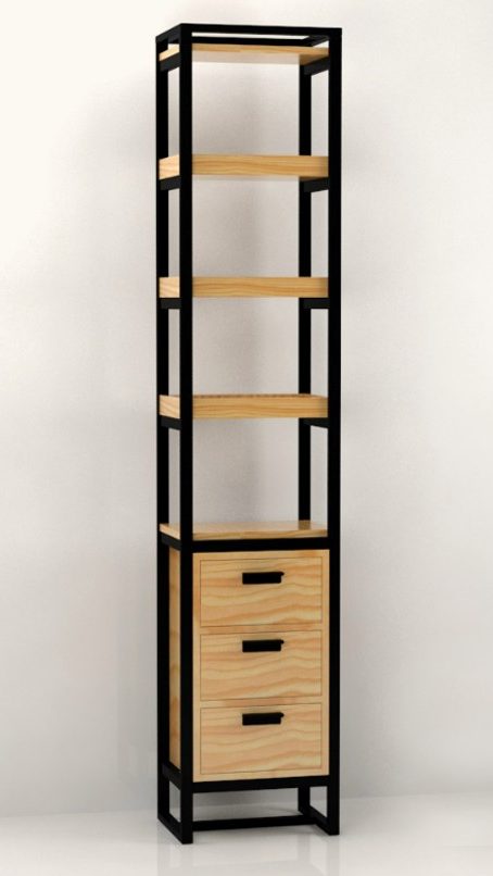Estantería alta de estilo industrial, con perfiles de metal negro y baldas de madera, aprovechando la altura para optimizar el almacenamiento en el hogar.. Obra de J Capmany