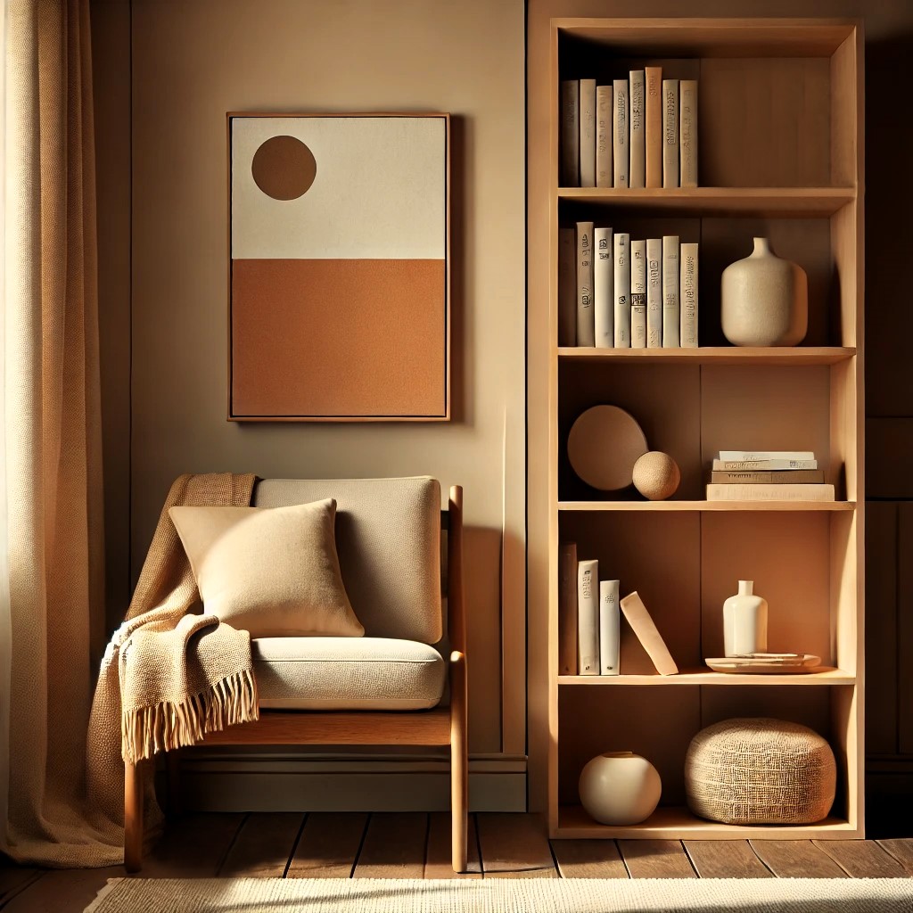 Rincón de lectura acogedor con estante de madera a medida desde el suelo hasta el techo, lleno de libros, con una silla cómoda y una lámpara de pie para iluminación.