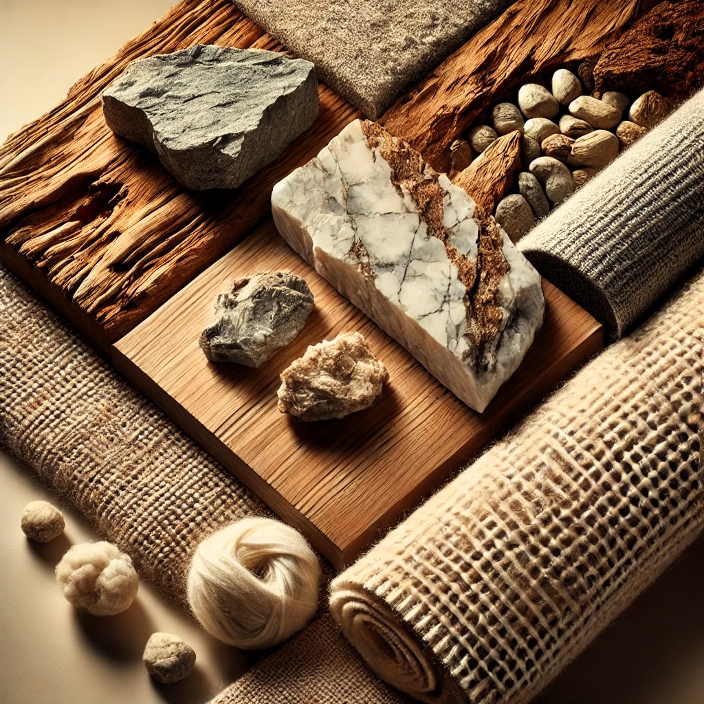 Primer plano de mármol, piedra, madera y textiles naturales en un ambiente de interiorismo Raw Luxury