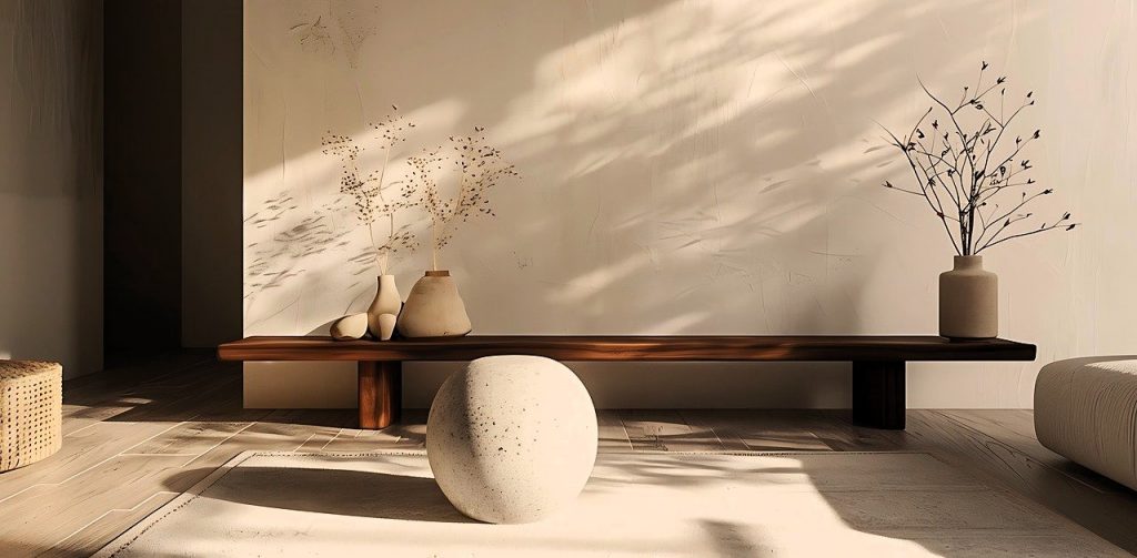 Mesa de madera sin tratar y mesa de piedra natural en un ambiente de diseño Raw Luxury, rodeadas de elementos naturales.