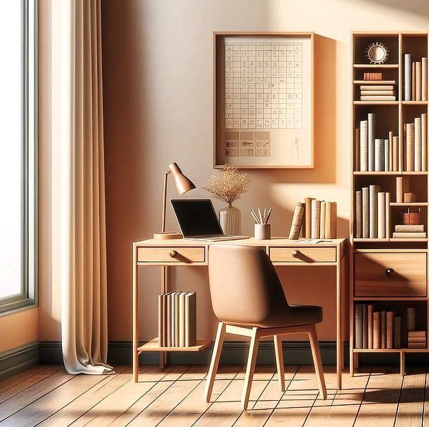Pequeño espacio de trabajo con un escritorio de madera hecho a medida y estante integrado, optimizando el rincón para almacenamiento y funcionalidad.