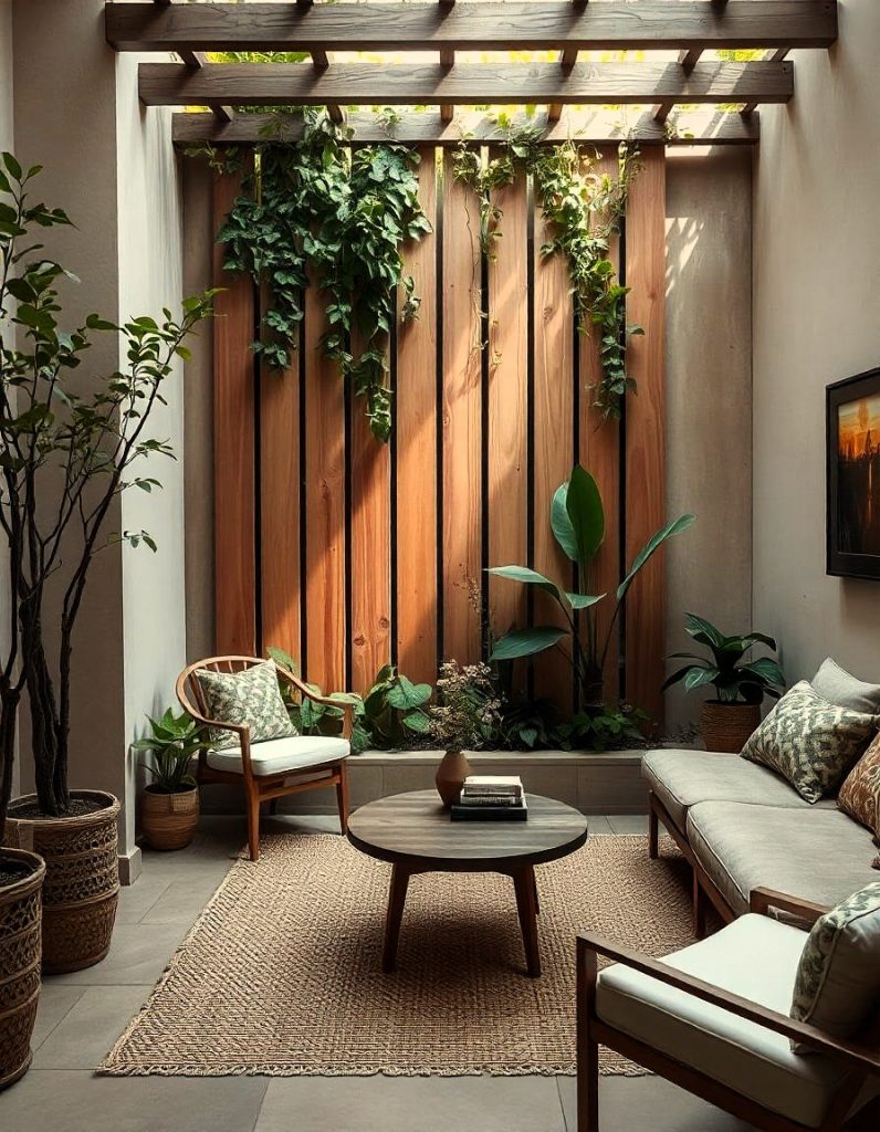 Sala de estar acogedora en un patio interior, con un jardín vertical sobre una pared con panel de madera.