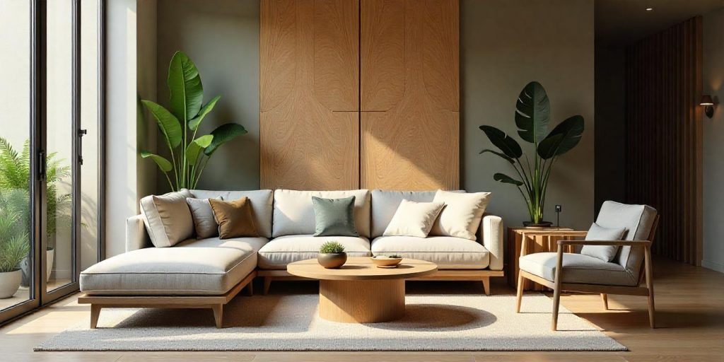Un espacio interior que muestra muebles y acabados hechos de materiales sostenibles, incluyendo madera reciclada y textiles ecológicos, resaltando la tendencia hacia un diseño responsable con el medio ambiente.