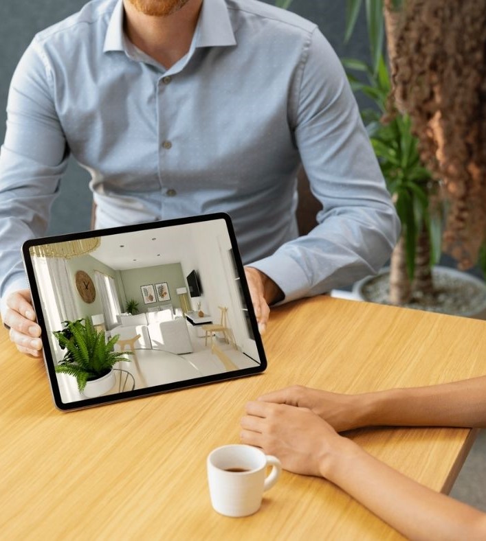 Clienta y asesor de empresa revisando una visualización de propiedades en una tableta