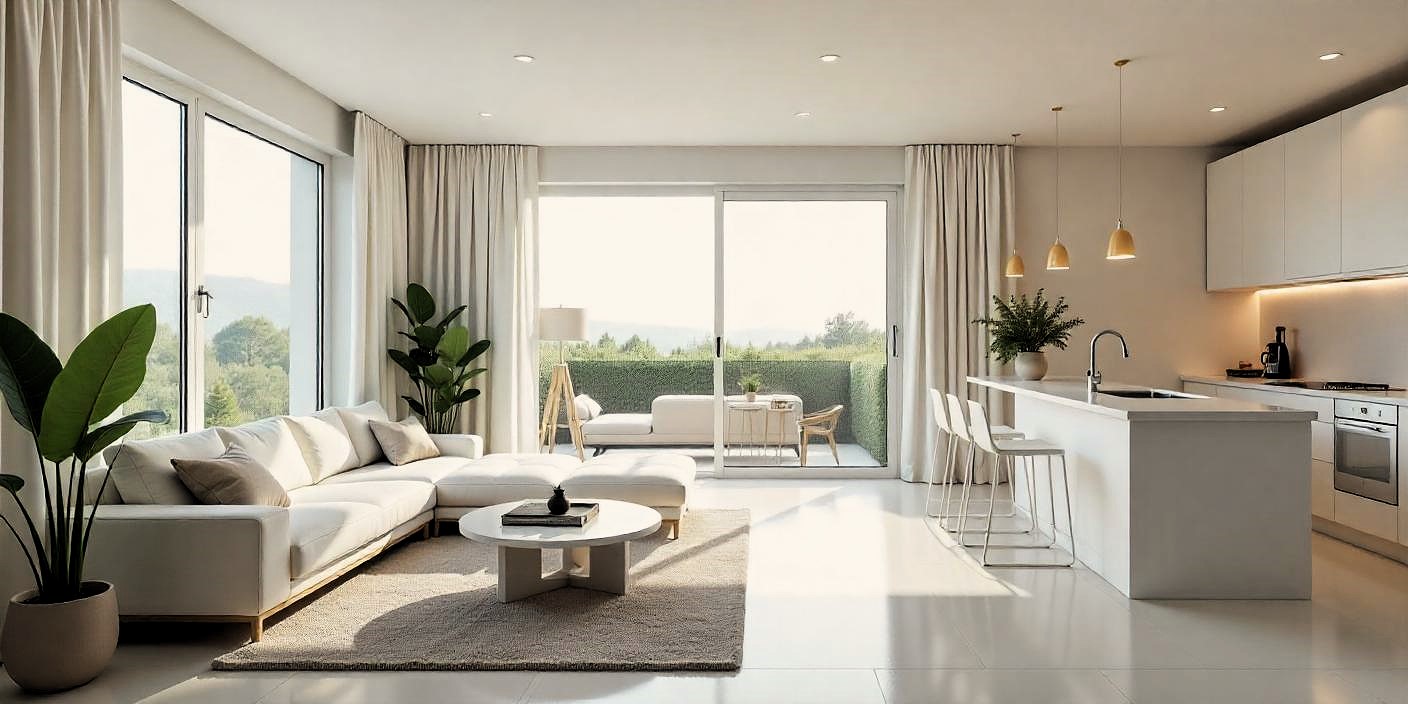 Vista panorámica de un apartamento minimalista con paredes blancas, muebles de líneas limpias y grandes ventanales