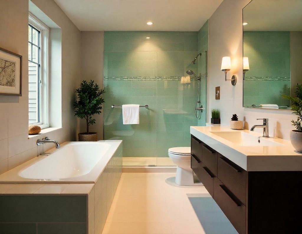 Imagen de un baño renovado con bañera, placa de ducha y mampara de vidrio, todo en un diseño moderno.