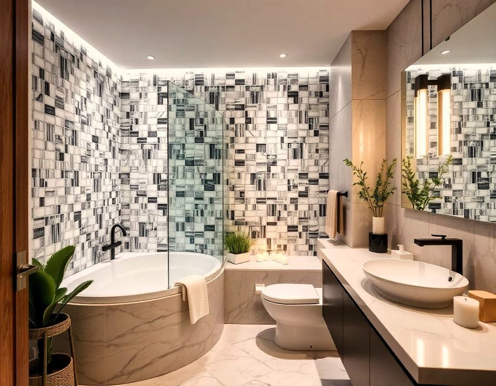 magen de un baño renovado con azulejos elegantes, lavabo de diseño contemporáneo y bañera moderna.