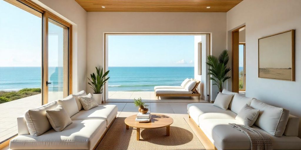 Casa de estilo costero frente al mar, con grandes ventanales y decoración en tonos claros y muebles de mimbre