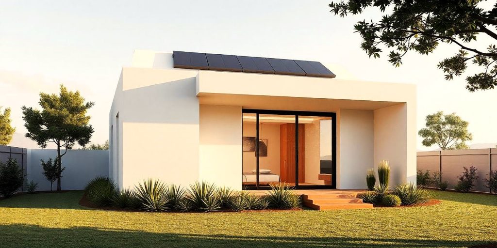 Fachada de una casa pequeña y moderna con líneas rectas, paneles solares en el techo y una gran cristalera que ofrece vistas al exterior