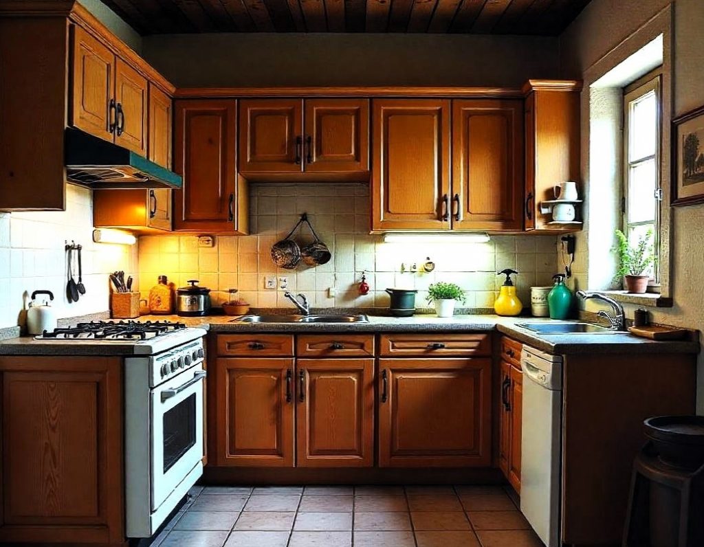 Imagen de una cocina antigua con muebles desgastados y electrodomésticos viejos, mostrando el estado previo a la renovación.