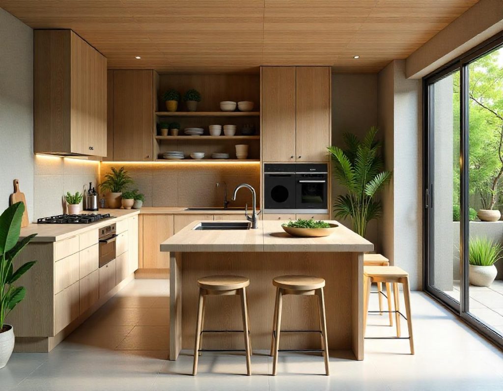 Cocina moderna de estilo biofílico con abundante luz natural, plantas verdes decorativas y materiales naturales como madera y piedra.