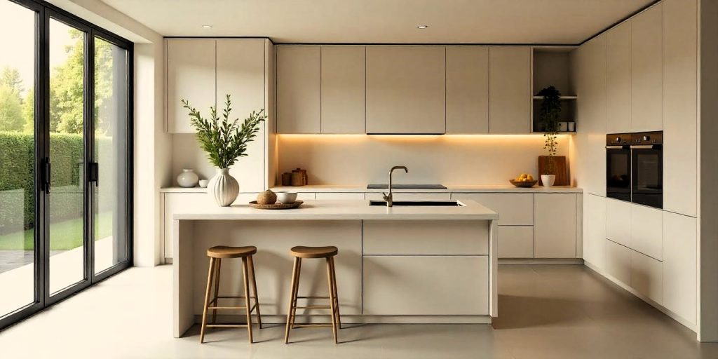 Cocina de estilo minimalista con una isla central, muebles en tonos neutros y decoraciones que reflejan la personalidad del propietario
