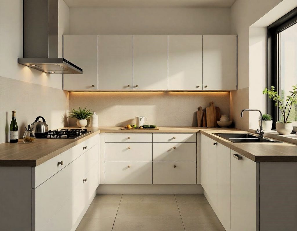 Imagen de una cocina moderna con acabados elegantes, encimeras de cuarzo y una distribución funcional.