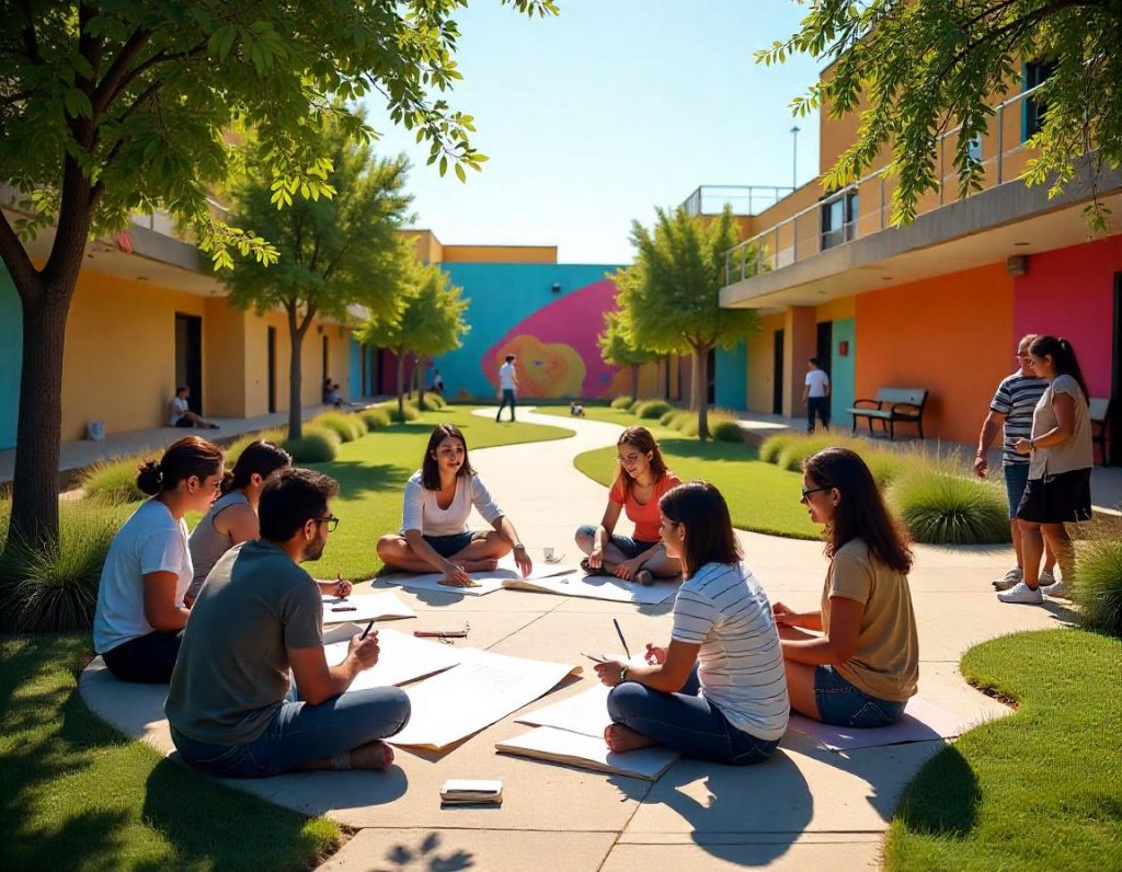 Grupo de personas trabajando juntas con cuadernos en una zona común al aire libre de un residencial, rodeados de naturaleza.