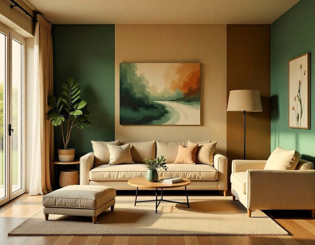 Interior de una habitación decorada con tonos terrosos y neutros, creando un espacio acogedor y relajante