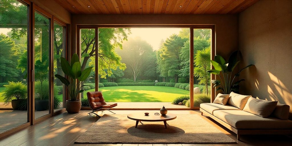 Interior de una vivienda con grandes ventanales, plantas decorativas y elementos naturales que conectan con el exterior
