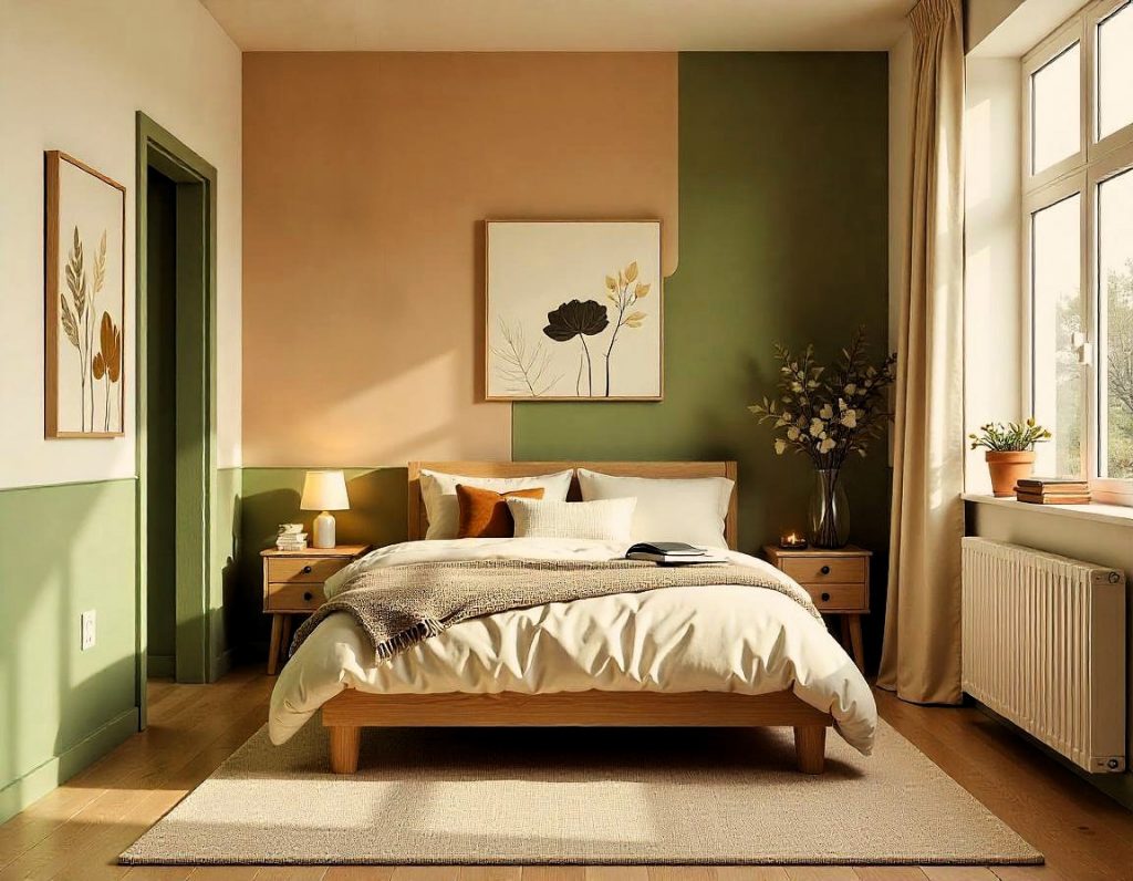 Dormitorio decorado con una paleta de colores terrosos y neutros, creando un ambiente cálido y relajante
