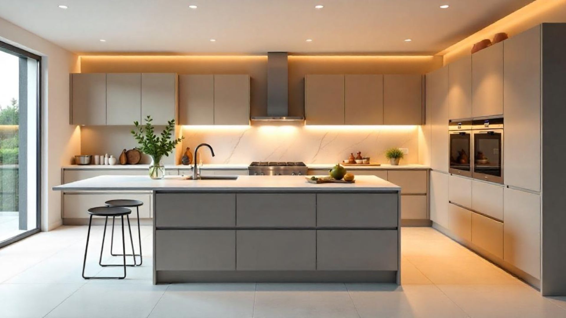 magen panorámica de una cocina moderna y luminosa con electrodomésticos de acero inoxidable, encimeras de granito y una isla central.