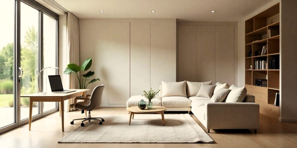 Espacio multifuncional con un gran ventanal, que incluye un área de trabajo con escritorio y silla, y una sala de estar con sofá y mesa de café, con puertas ocultas en la pared que llevan al dormitorio y baño.