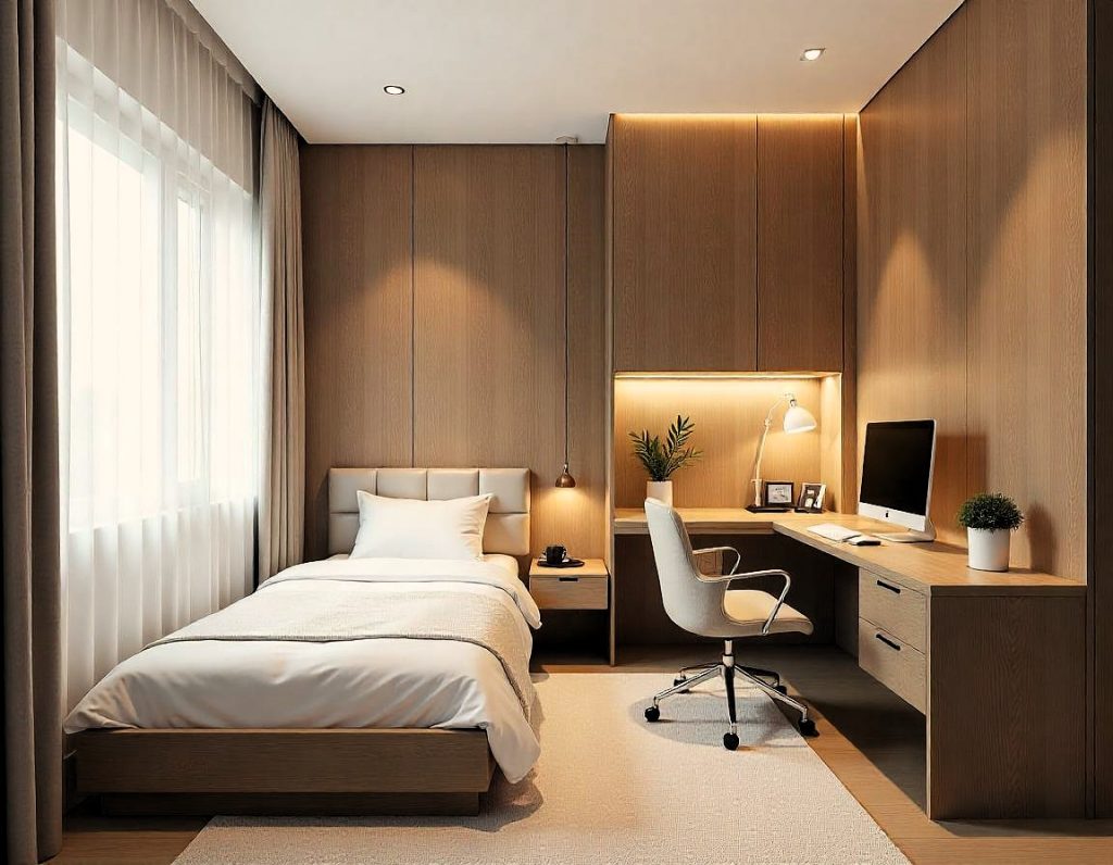 Vista de un dormitorio que incluye un área de trabajo con escritorio y computadora, junto a una cama y estantes funcionales